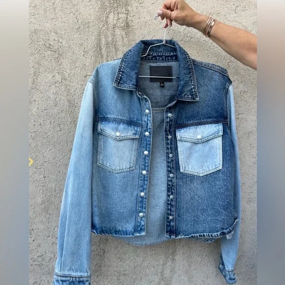 BLANK NYC Two-tone Cropped Denim Jean Jacket Size Large - Picture 5 of 12